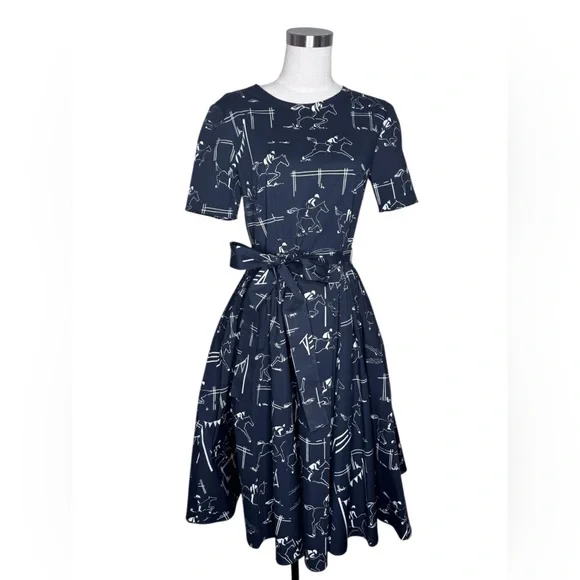 Carolina Herrera Equestrian Print Poplin Fit & Flare Dress  Small Horse Print - Picture 4 of 13